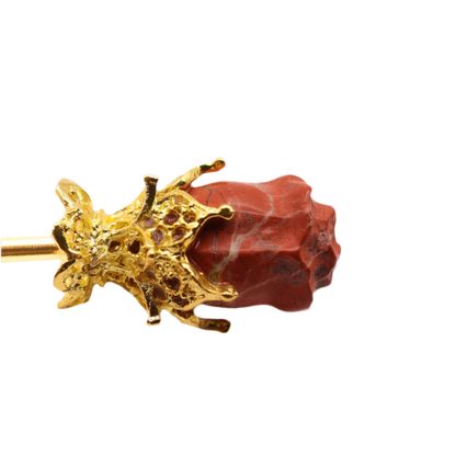 Single Red Jasper Rose Hair Stick – Elegant Golden Crystal Hairpin