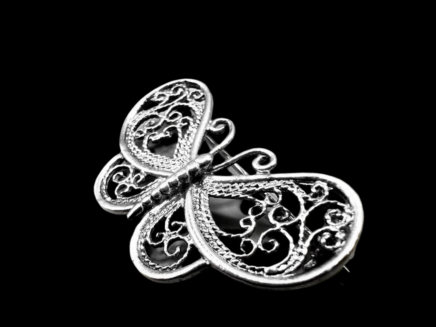 Rare Vintage Brooch 1940s Filigree Silver Butterfly - In Wooden Box