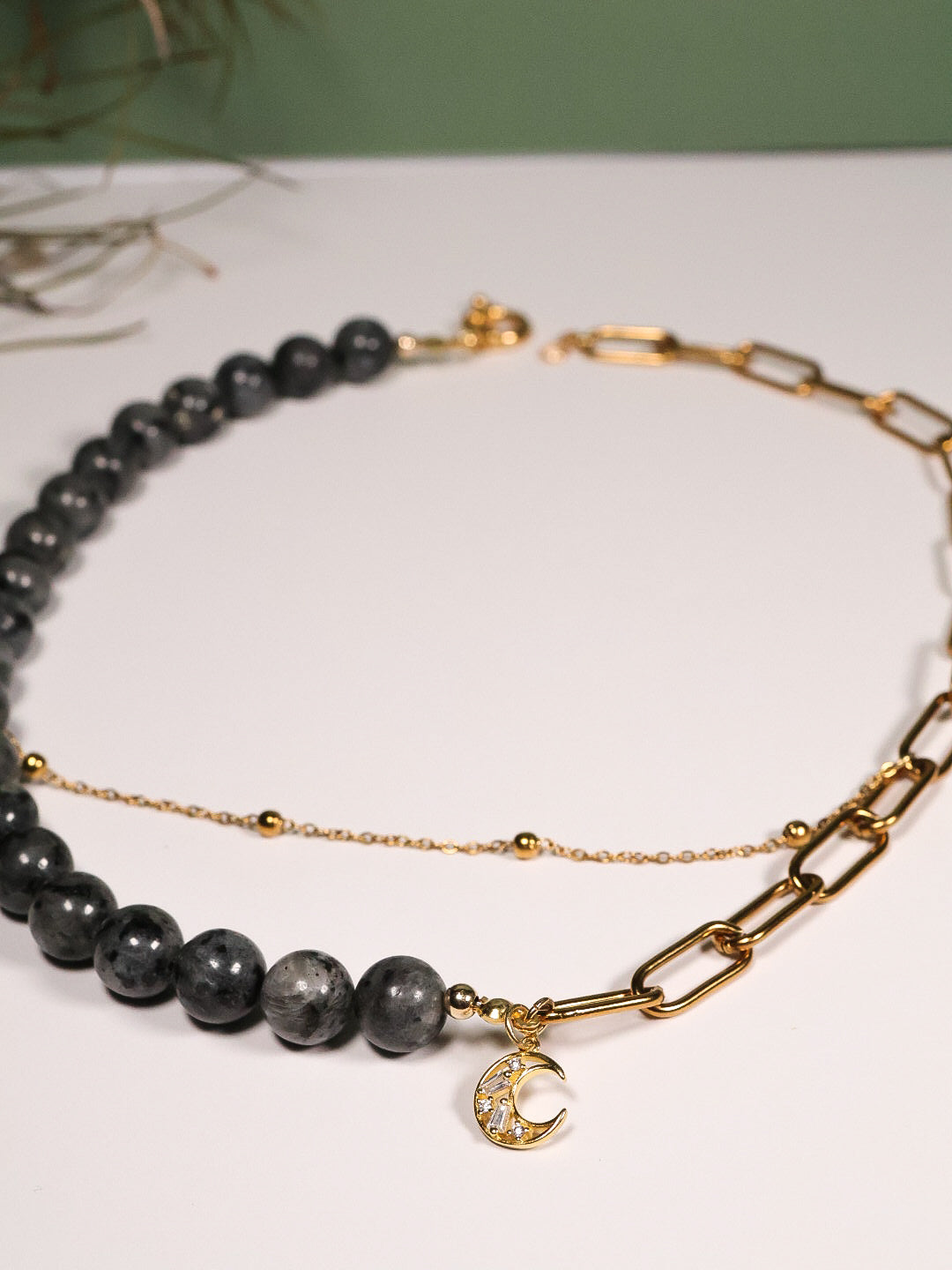 Whimsical Gold Labradorite Paperclip Beaded Crystal Necklace