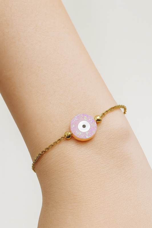 Pink Opalite Evil Eye Bracelet – Dual-Tone Glow – 14K Gold Plated Chain with 925 Silver Core – Adjustable Protective Jewelry