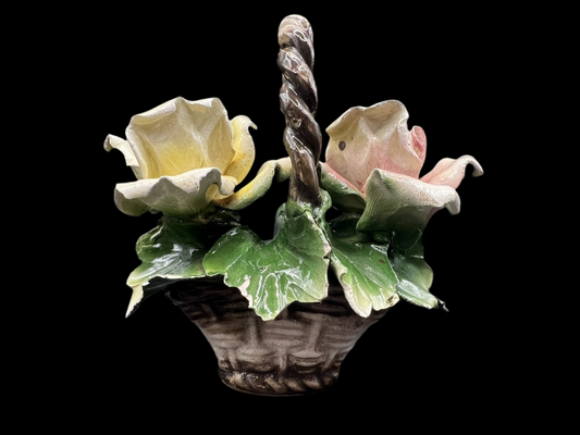 Capodimonte Style Italian Trinket Basket, Handpainted Ceramic with Floral Motif