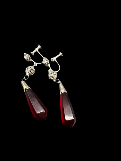 1950’s Vintage Art Deco Red Screw Back Drop Earrings