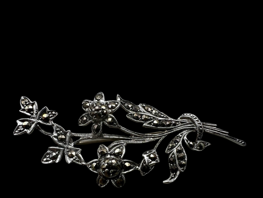 Vintage Silver 257 Stamped Marcasite Floral Brooch