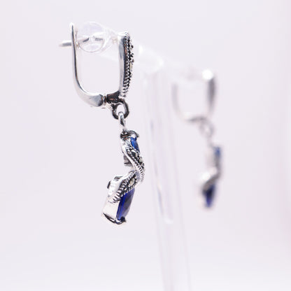 925 Sterling Silver Marcasite & Sapphire Blue Stud Earrings