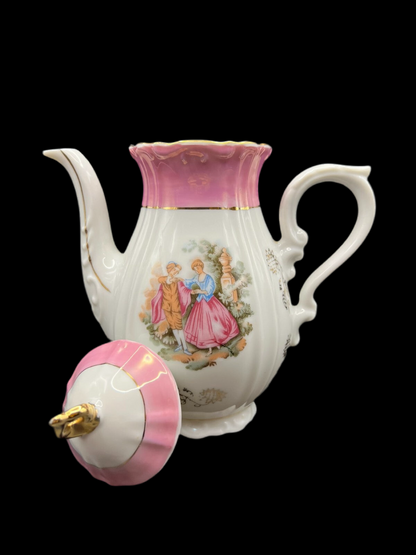 Vintage Pink & White Hand-Painted Porcelain Teapot with Gold Accents – Victorian