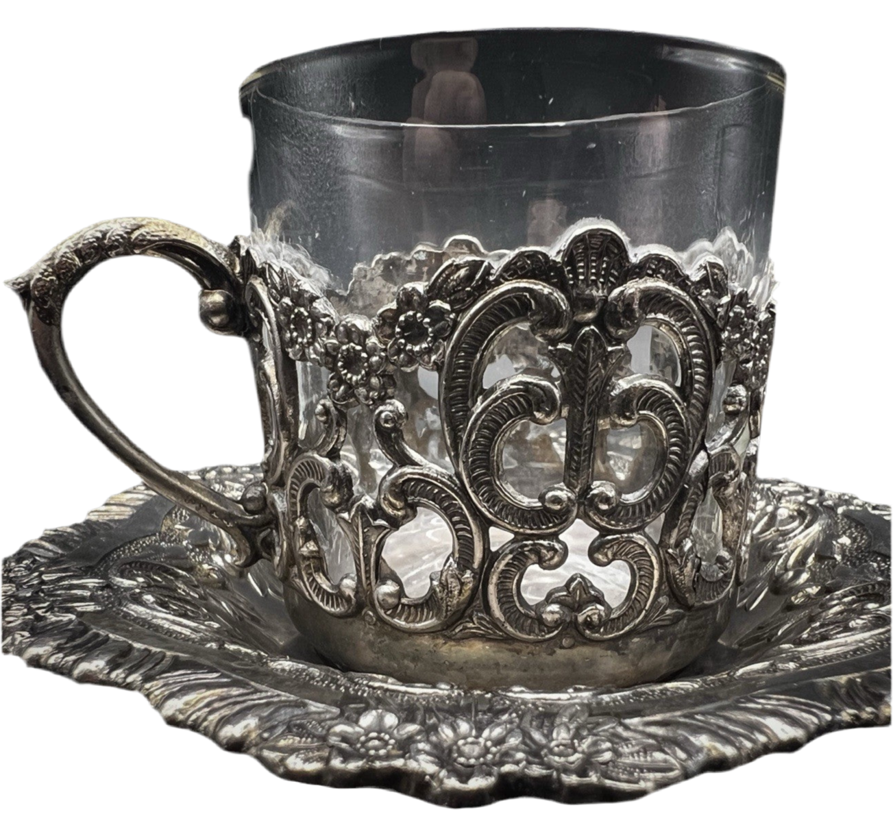 UV Reactive Vintage Polished Raimond Japan Silver Plated Espresso Cup & Saucer Set of 2