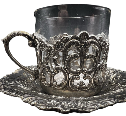 UV Reactive Vintage Polished Raimond Japan Silver Plated Espresso Cup & Saucer Set of 2