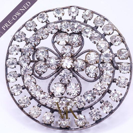 Vintage Round Clover Shaped Brooch With Clear Stones - Stamped Gilt