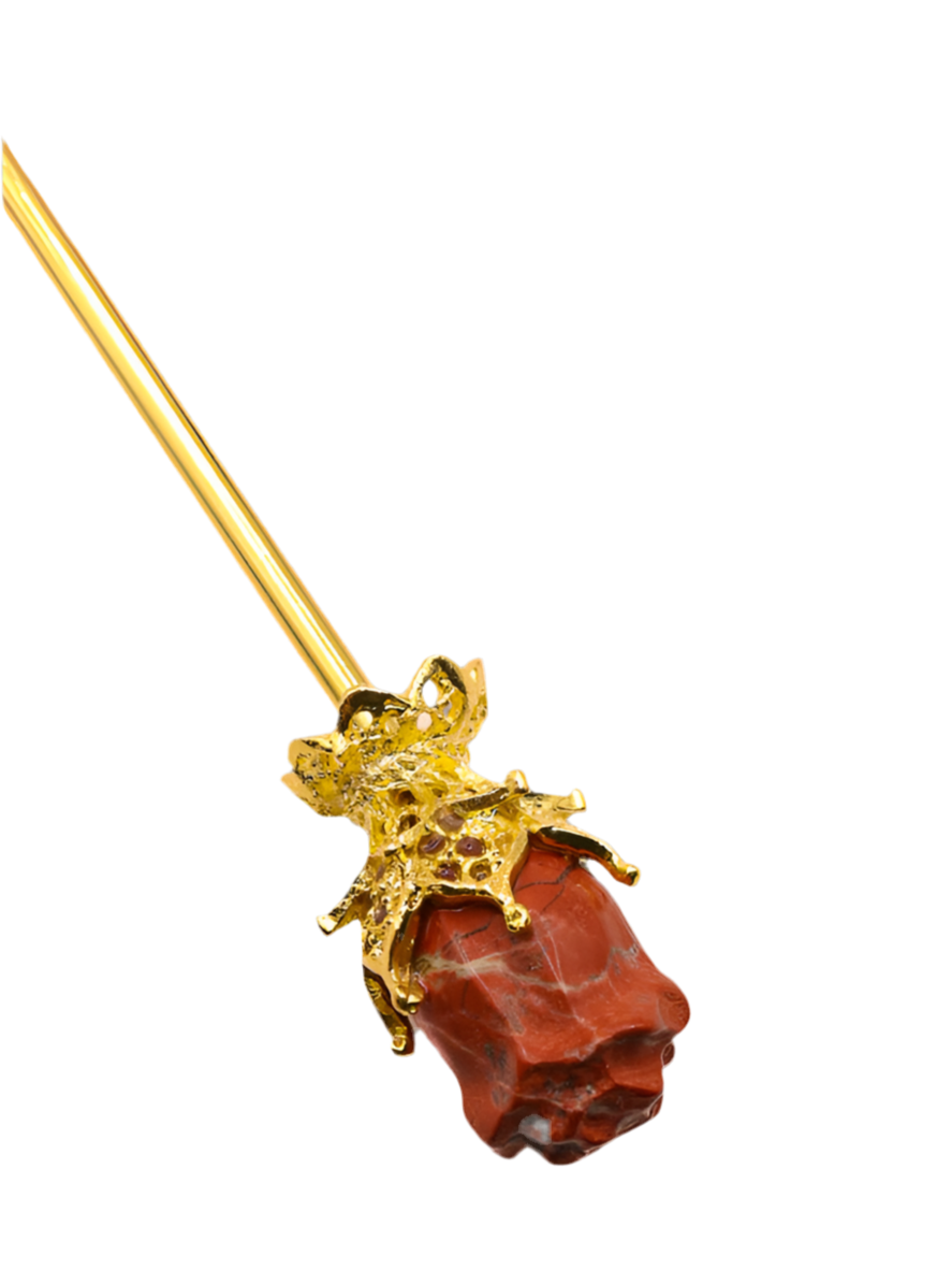 Single Red Jasper Rose Hair Stick – Elegant Golden Crystal Hairpin