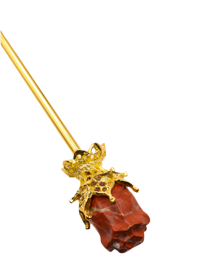Single Red Jasper Rose Hair Stick – Elegant Golden Crystal Hairpin