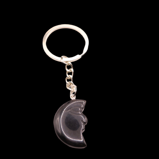 Black Obsidian Half Moon Face Witchy Keychain Carving, Genuine Crystal