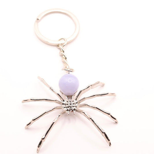 Spooky Blue Lace Agate Spider Keychain, Genuine Crystal Sphere