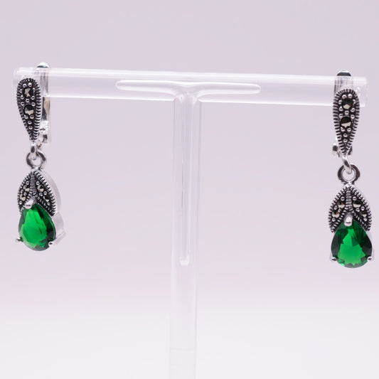 925 Sterling Silver Marcasite Emerald Green Drop Stud Earrings