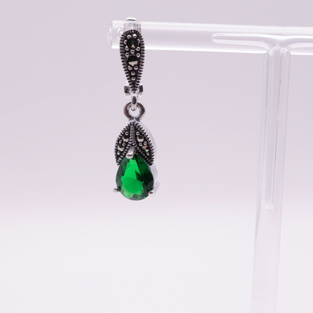 925 Sterling Silver Marcasite Emerald Green Drop Stud Earrings