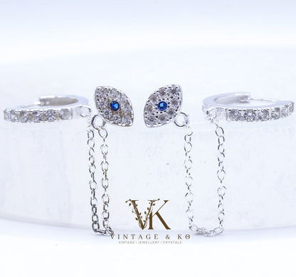 Evil Eye Double Stud Hoop Chain Earrings | .925 Sterling Silver