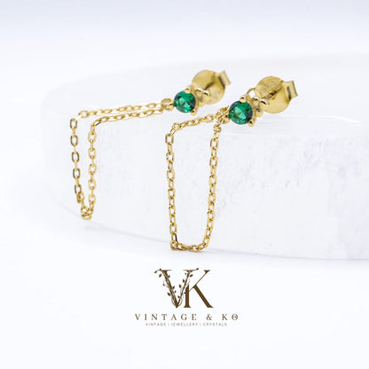 Emerald Green CZ Stud Chain Earrings | Gold-plated .925 Sterling Silver
