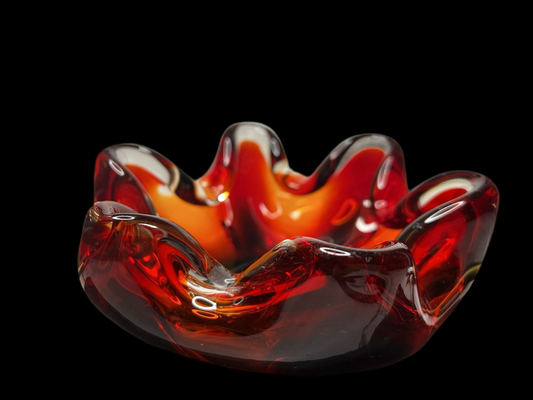 Heavy 843g Murano Art Glass Bowl – Red 6-Sided Design, Mid-Century Modern