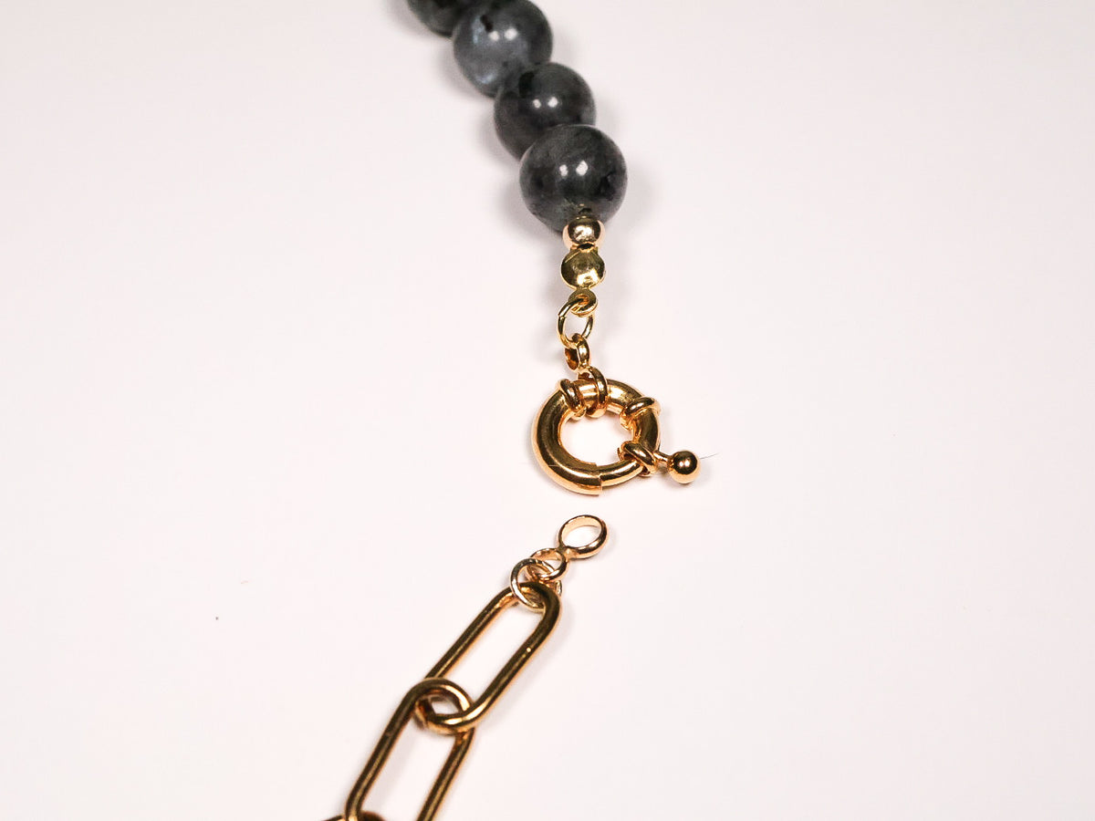 Whimsical Gold Labradorite Paperclip Beaded Crystal Necklace