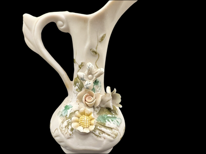Pair of Floral Bud Vases with Gold Trim And Handles, Mini Farmhouse Home Decor