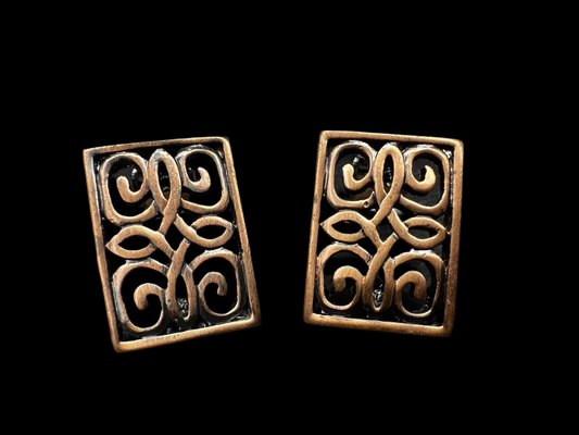Vintage Celtic Clip on Copper Tone Earrings, Rectangle Old Fashion Jewellery