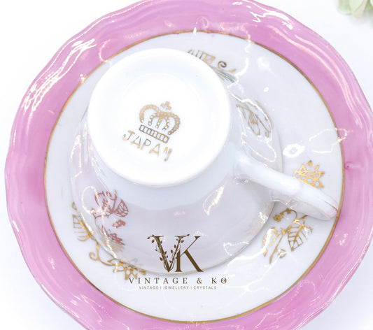Set of 2 Japanese Victorian Pink & White Tea Cups and Saucers with Gold Trim