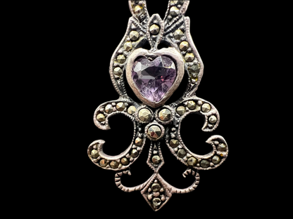 Vintage 925 Victorian Revival Marcasite & Heart Drop Earrings – Late 1990s