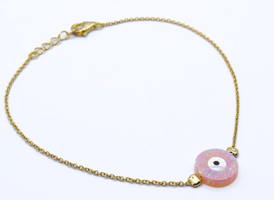 Pink Opalite Evil Eye Bracelet – Dual-Tone Glow – 14K Gold Plated Chain with 925 Silver Core – Adjustable Protective Jewelry