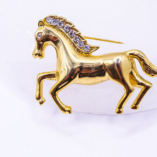 14k Gold-Plated Horse Brooch with Clear Stones