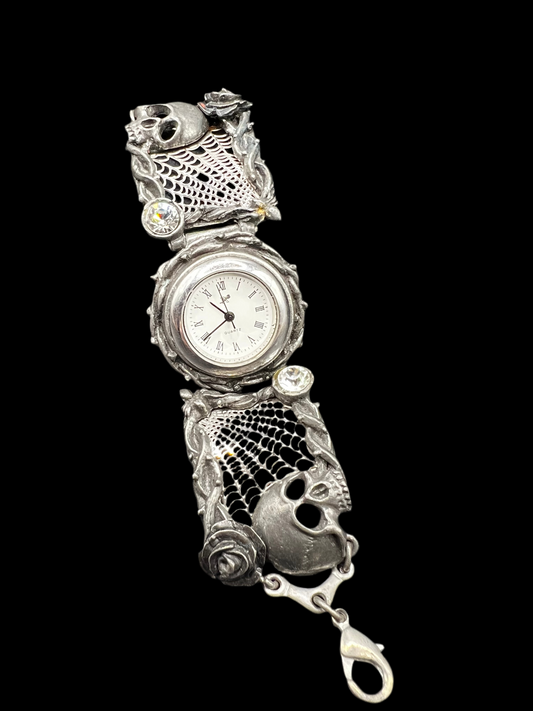 Victorian Gothic Watch – Alchemy Pewter with Skulls, Roses & Crystals