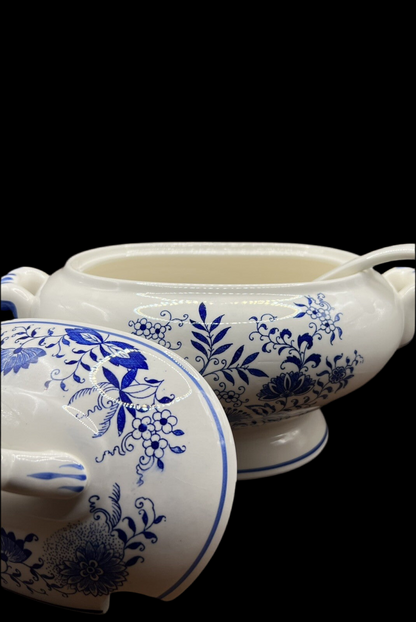 Vintage Floral Tureen Japanese Yanodento Glazed Blue & White with Large Ladle