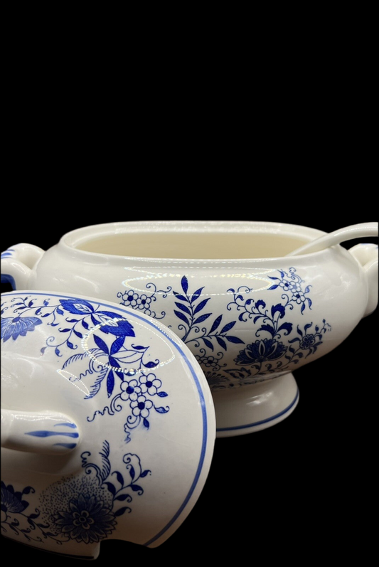 Vintage Floral Tureen Japanese Yanodento Glazed Blue & White with Large Ladle