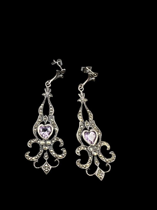Vintage 925 Victorian Revival Marcasite & Heart Drop Earrings – Late 1990s