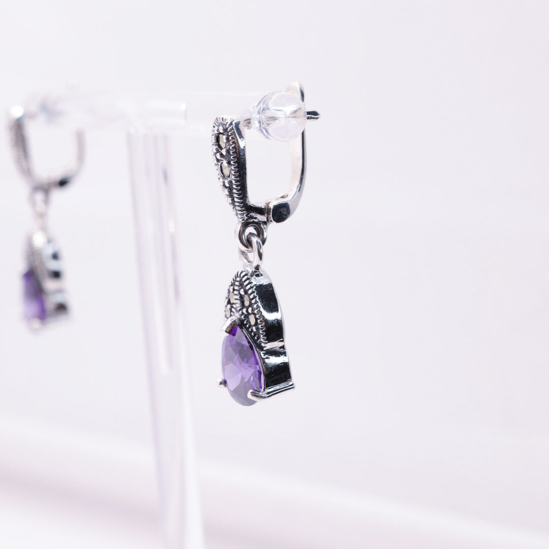 925 Sterling Silver Marcasite Purple Drop Stud Earrings