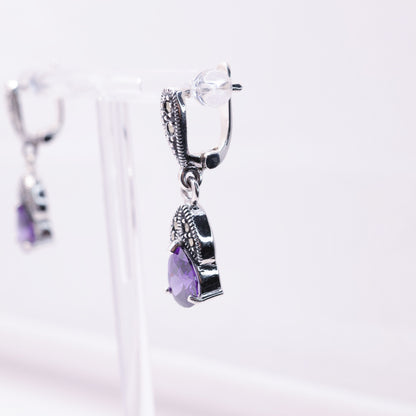 925 Sterling Silver Marcasite Purple Drop Stud Earrings