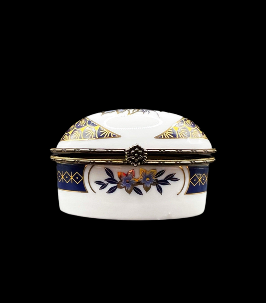 White Oval Porcelain Trinket Box with Blue Flowers and Gold Trim with Hinged Lid