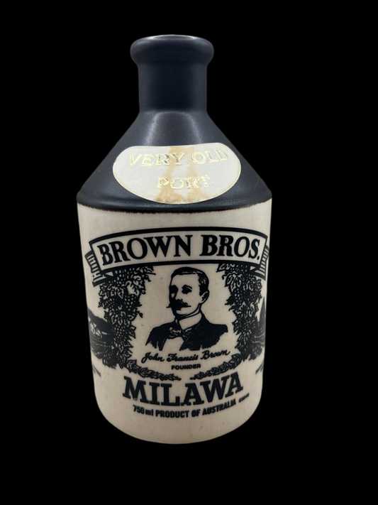 Vintage Brown Bros Milawa Very Old Port Bottle - Black & Beige Ceramic, Empty