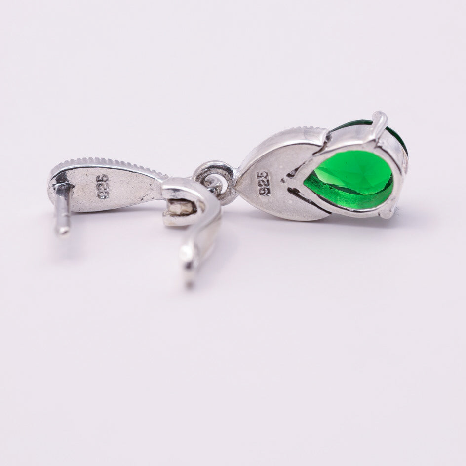 925 Sterling Silver Marcasite Emerald Green Drop Stud Earrings