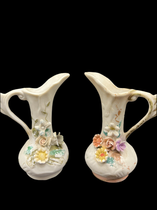Pair of Floral Bud Vases with Gold Trim And Handles, Mini Farmhouse Home Decor