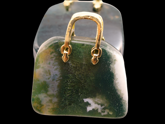 Mini Moss Agate Handbag Shaped Carving, Genuine Moss Agate Crystal for Healing & Meditating