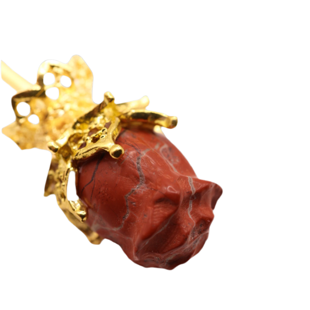 Single Red Jasper Rose Hair Stick – Elegant Golden Crystal Hairpin