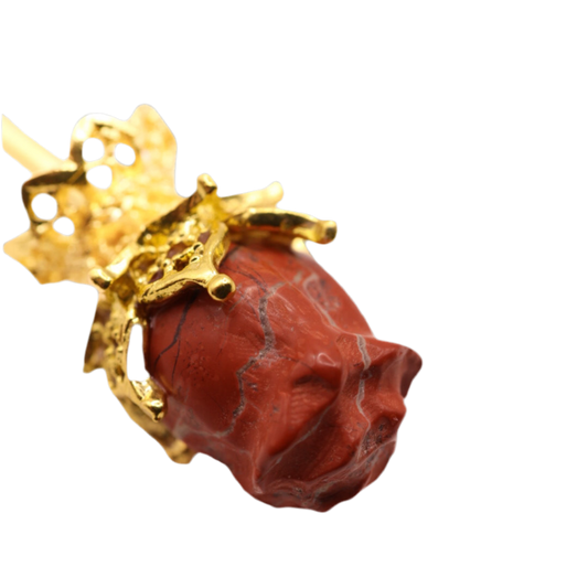 Single Red Jasper Rose Hair Stick – Elegant Golden Crystal Hairpin