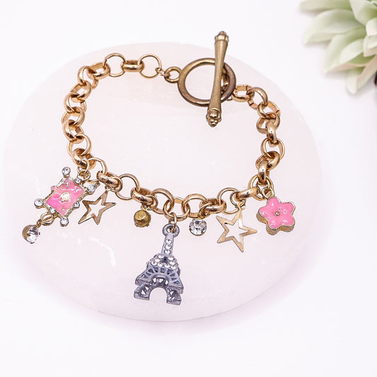 Golden Belcher Chain Toggle Clasp Bracelet with Eiffel Tower, Ace, Stars Charms