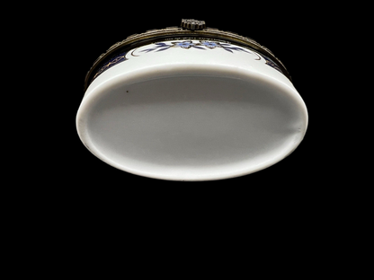 White Oval Porcelain Trinket Box with Blue Flowers and Gold Trim with Hinged Lid