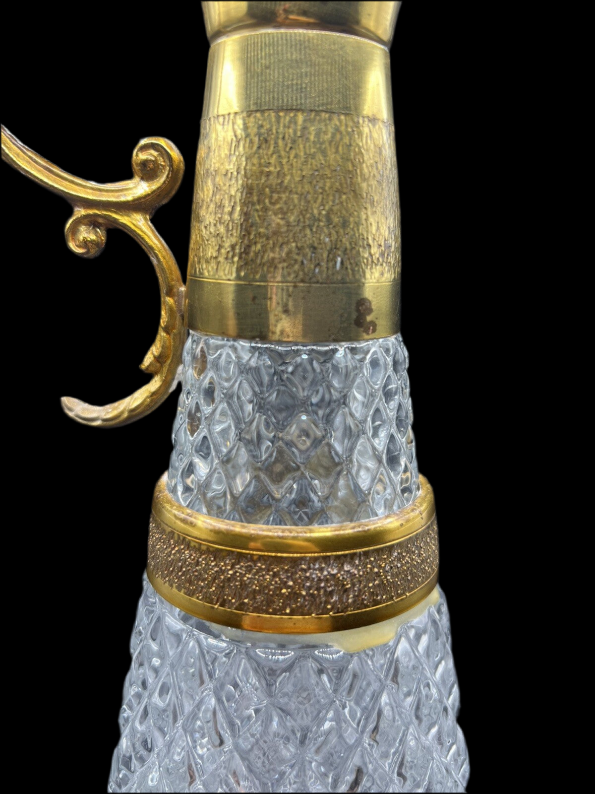 Vintage Golden Diamond-Cut Glass Claret Wine Decanter (34cm / 13.39")