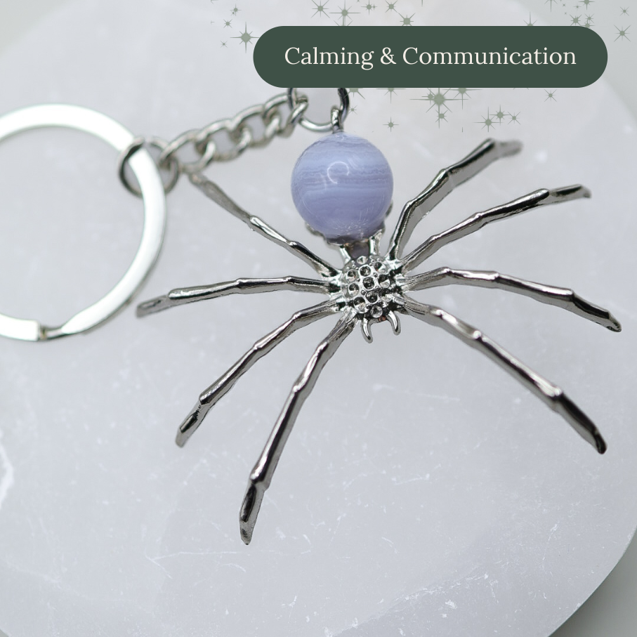 Spooky Blue Lace Agate Spider Keychain