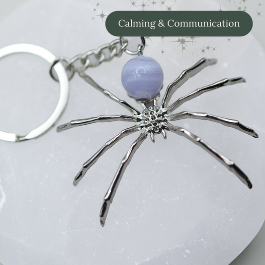 Spooky Blue Lace Agate Spider Keychain