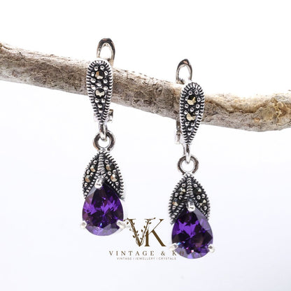 Amethyst CZ & Marcasite Drop Earrings | .925 Sterling Silver