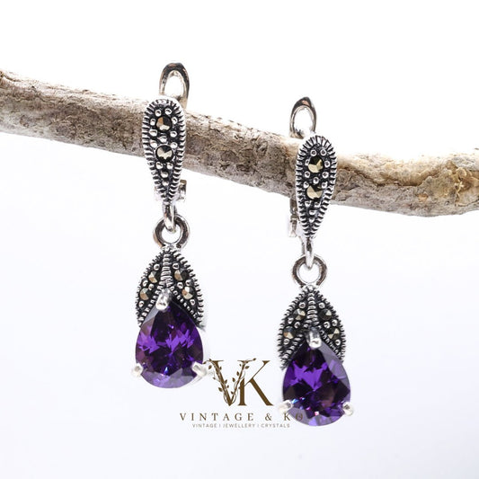 Amethyst CZ & Marcasite Drop Earrings | .925 Sterling Silver