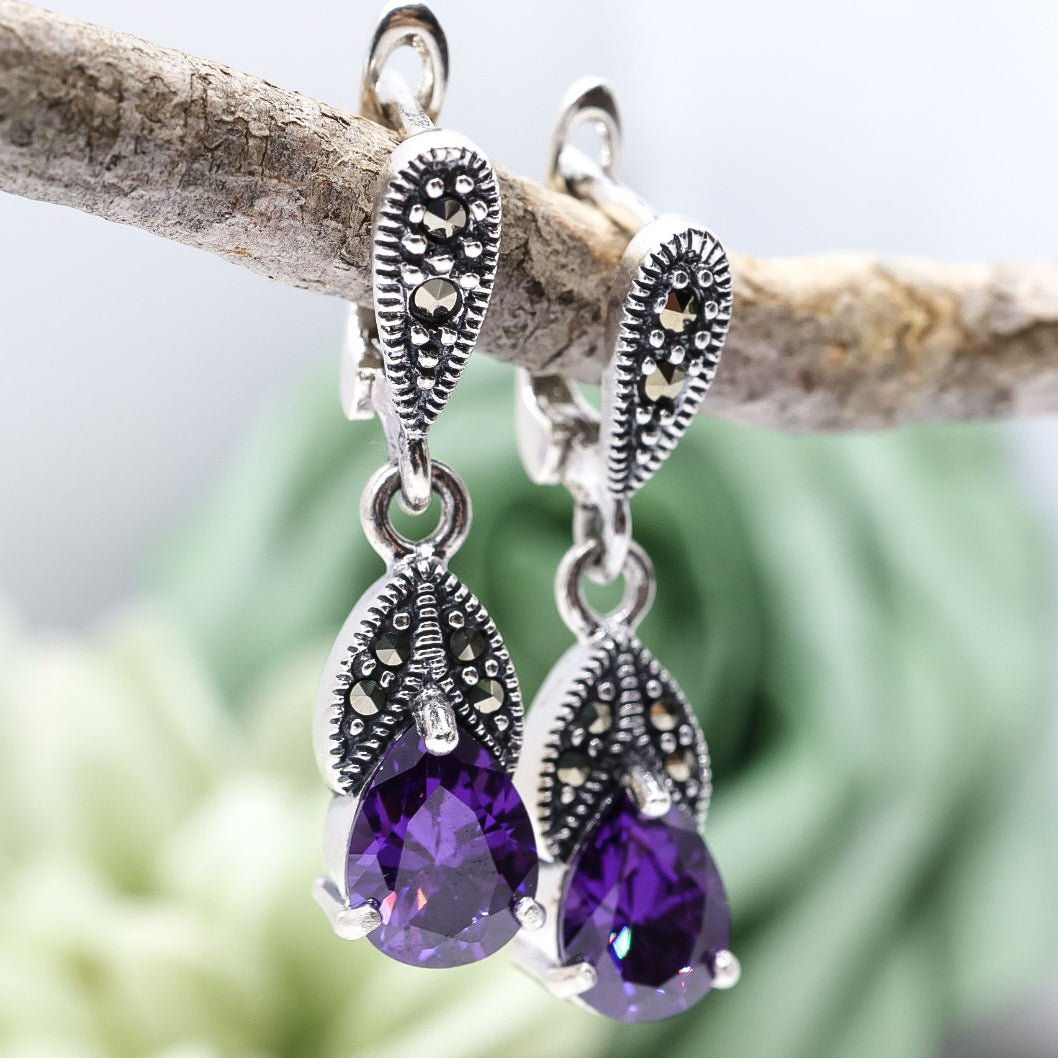 Amethyst CZ & Marcasite Drop Earrings | .925 Sterling Silver
