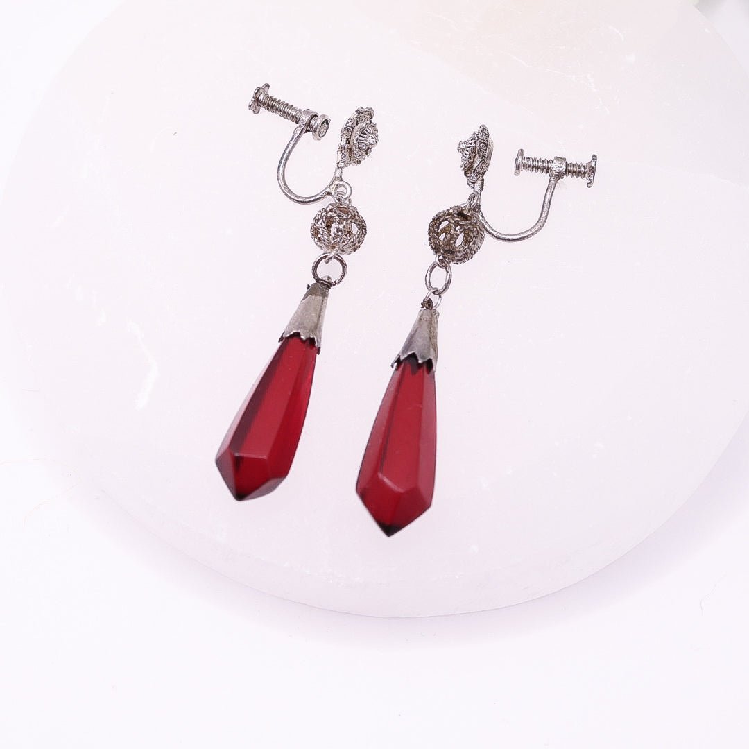 Art Deco Style Red Screw Back Drop Earrings